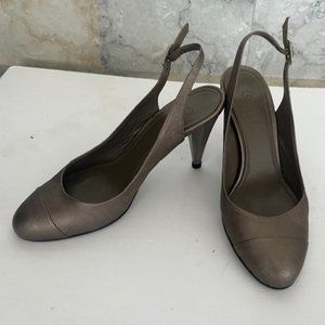 CHANEL Leather Grey Metallic Style Slingback Heels